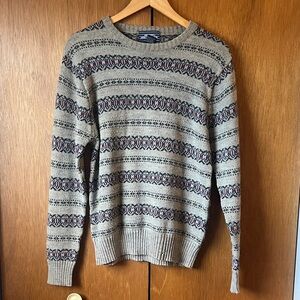 Men's Beige and Brown Patterned Crewneck Sweater